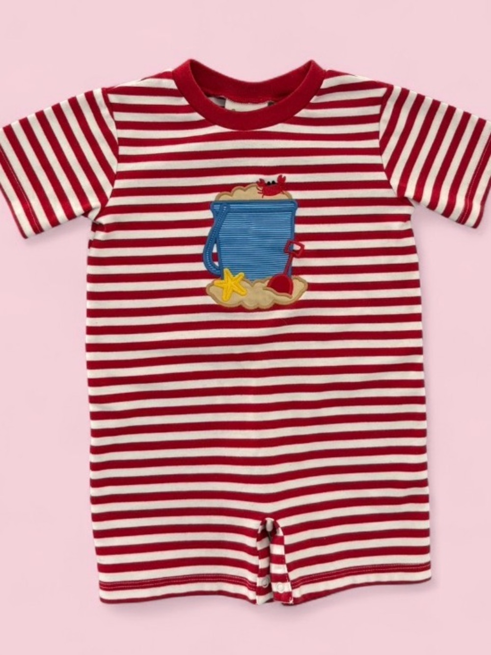 Zucchini Red White Striped Beach Bucket Applique Romper Size 18M